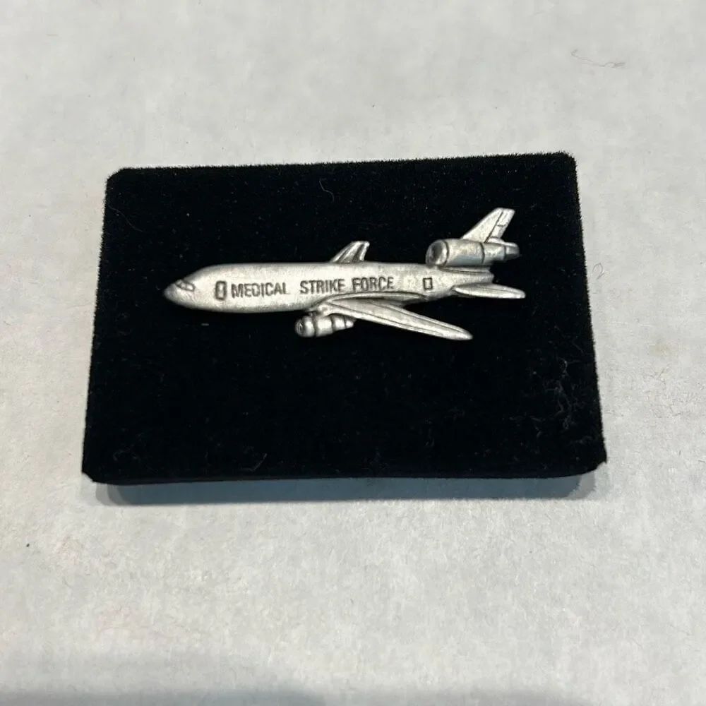Vtg Airplane Medical Strike Force Lapel Pin DC-10 Silver Tone Jet Clutch Back